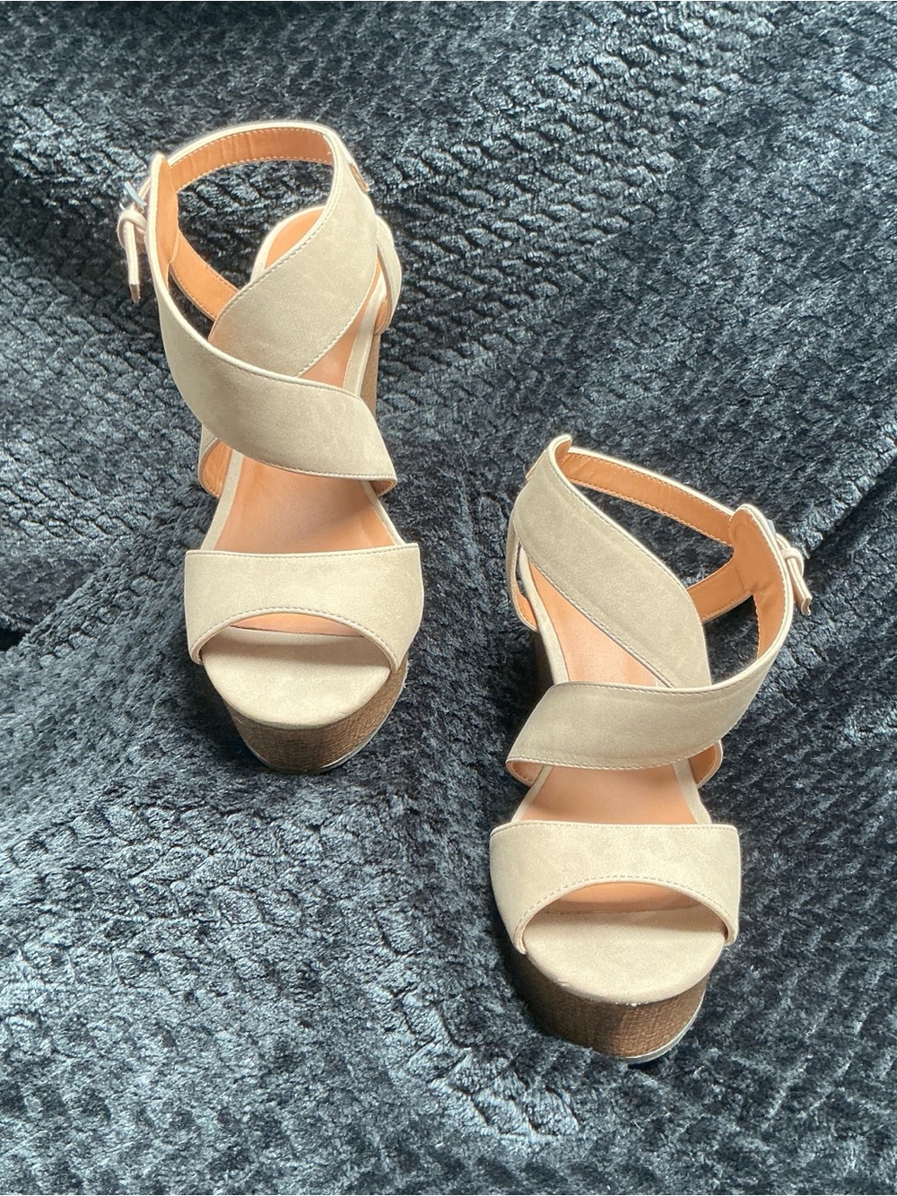 Tommy Hilfiger Beige Suede Platform Sandals with Crisscross Straps